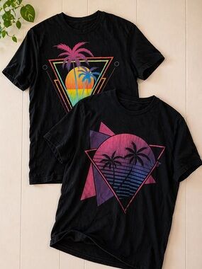 2 Men’s Graphic TShirt | Bundle | Black Retro Palm Tree & Tropical Tees | Size L